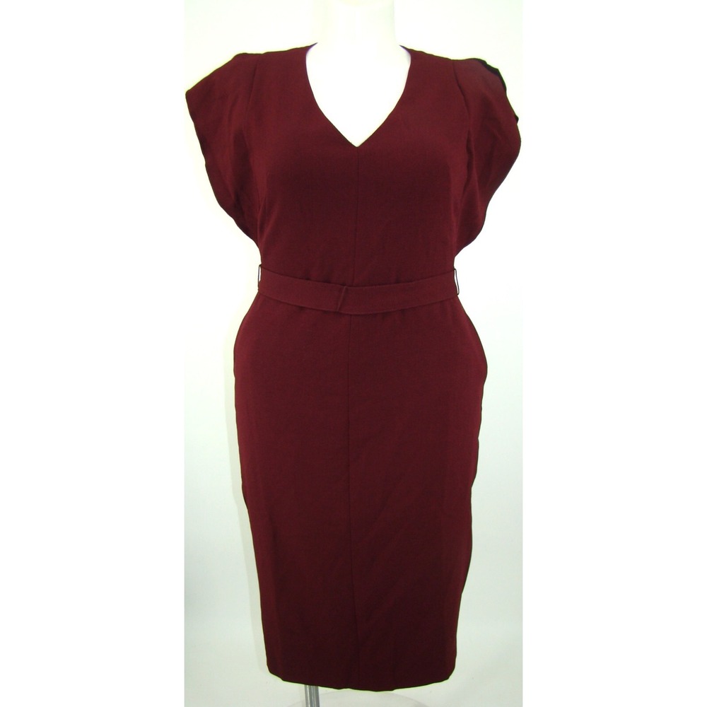 NEW ELIZA J BURGUNDY SLEEVELESS POCKETS & BOW TIE BELT DRESS Size 14   AC